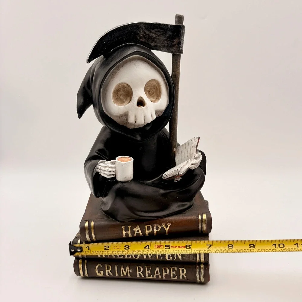 Halloween Grim Reaper Sitting on Books Coffee Scythe Resin Figurine Statue